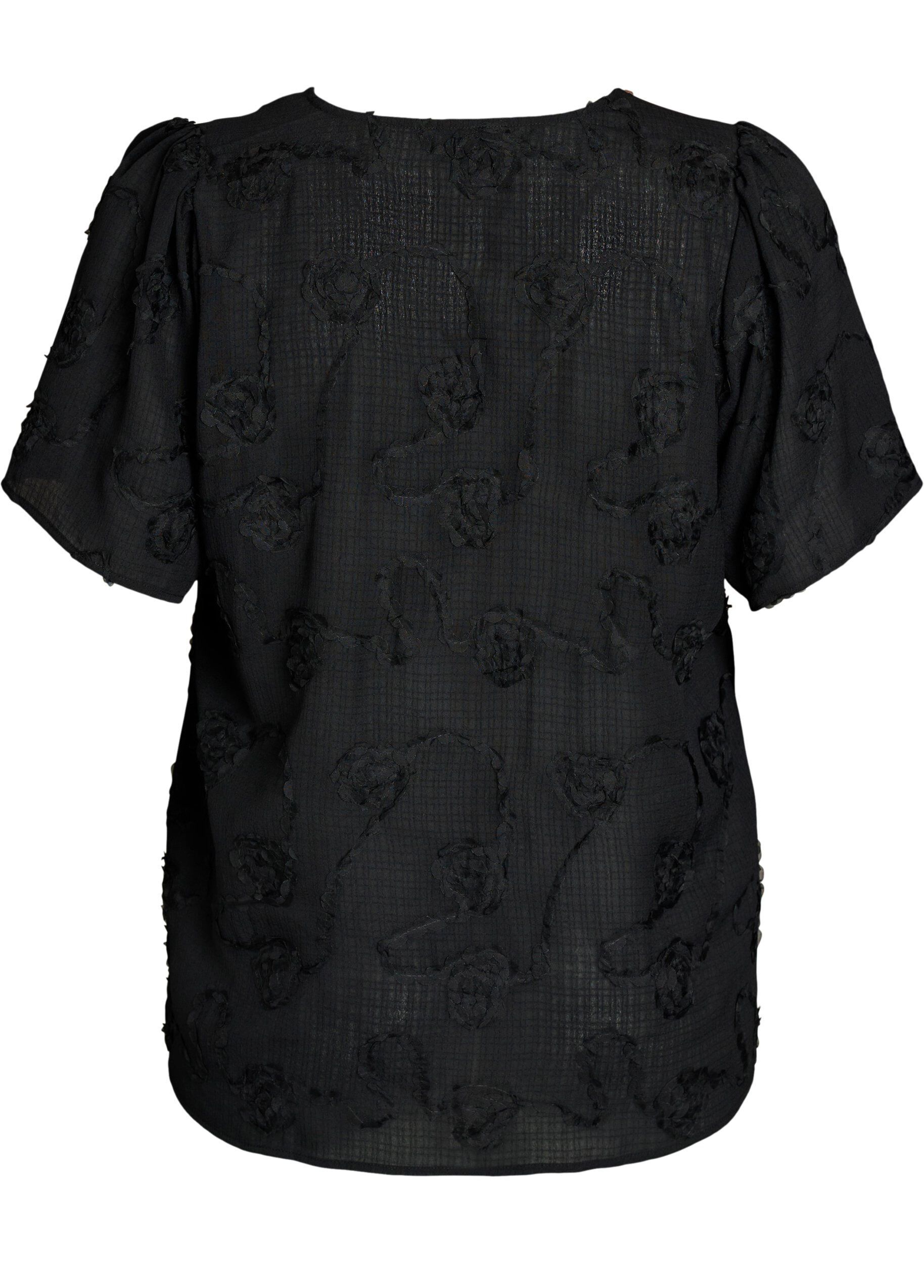 Zizzi Short-sleeved shirt blouse with a 3D flower effect, Black, Packshot image number 1