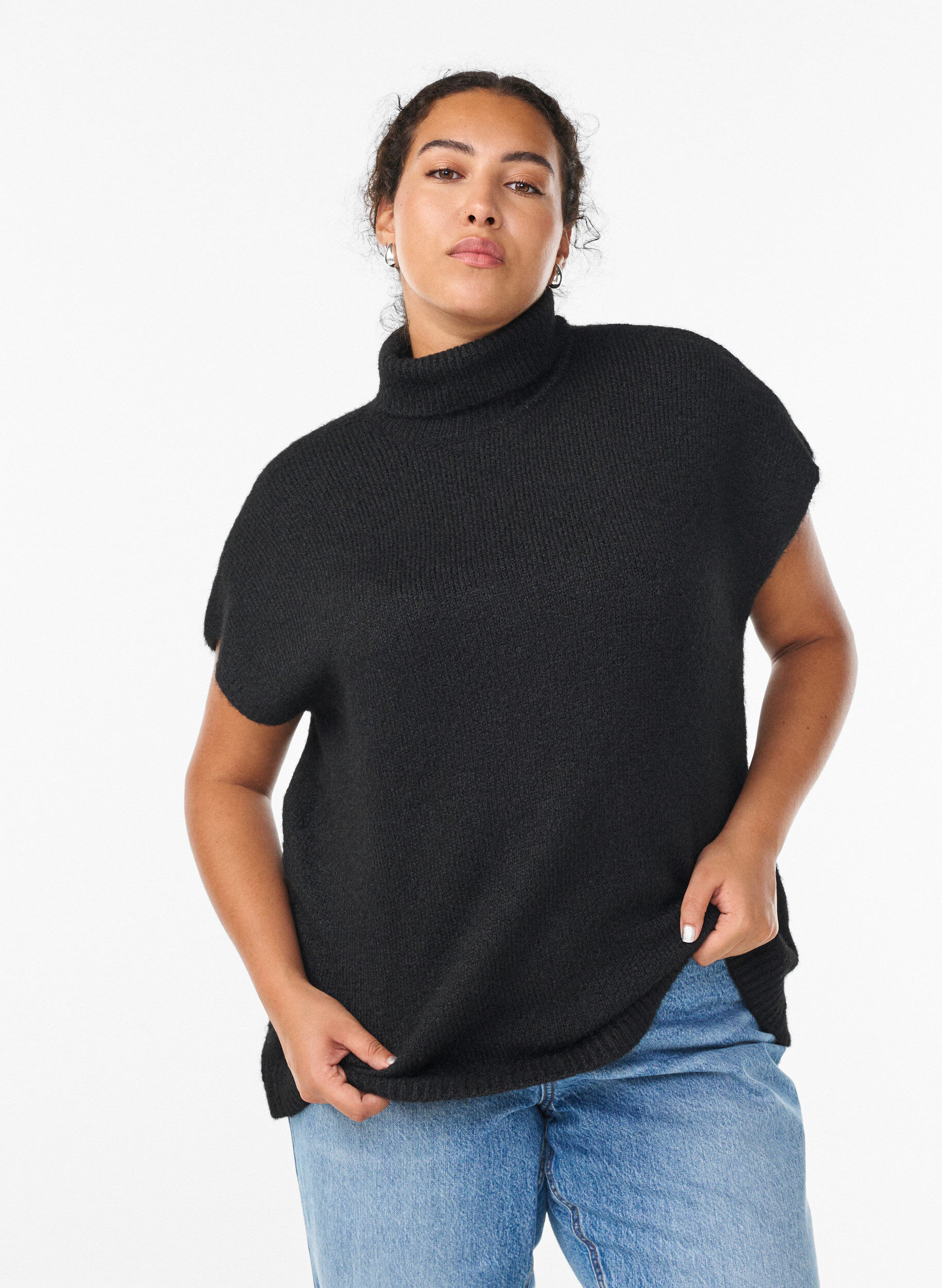 Pull sans manches en maille &agrave; col roul&eacute;, Noir, Model