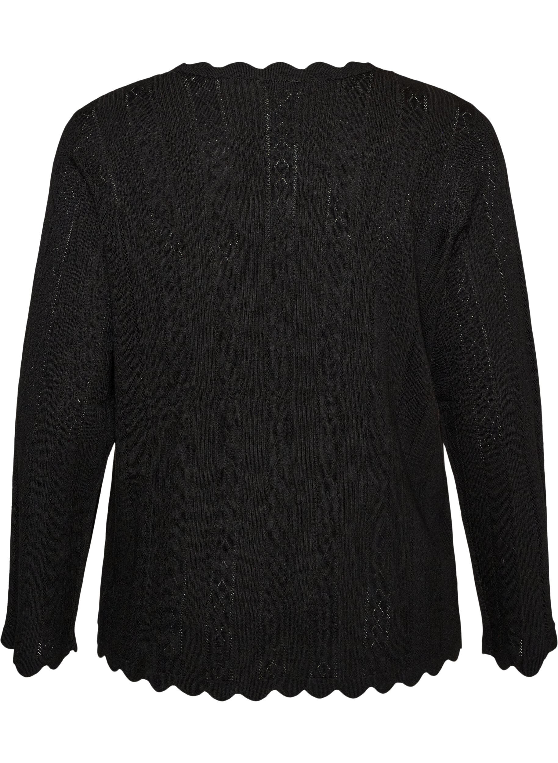ZizziCardigan with eyelet embroidery and wavy edges, Black, Packshot image number 1