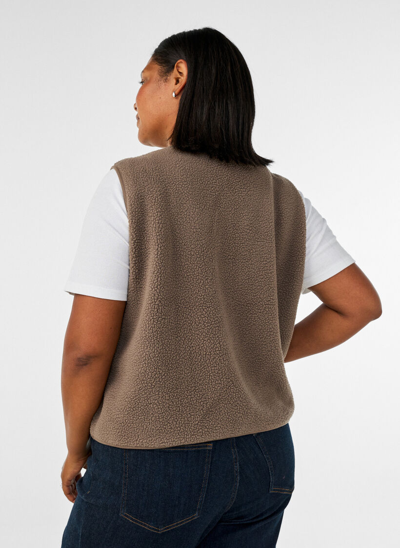 Gilet teddy avec boutons et poches, Marron, Model image number 2