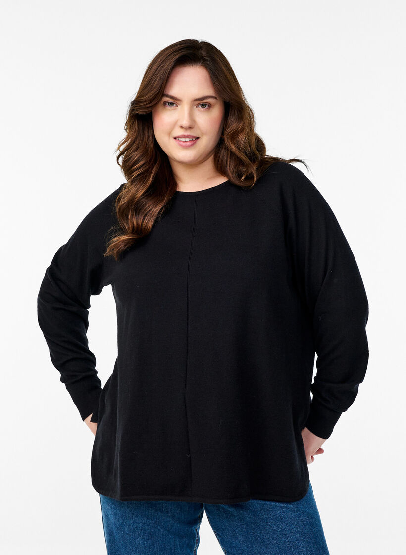 Chemisier en tricot avec col rond et motif tricot, Noir, Model image number 0