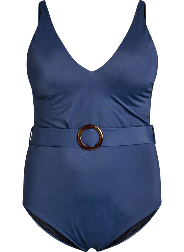 Maillot de bain avec d&eacute;collet&eacute; en V et ceinture, Bleu, Packshot image number 0