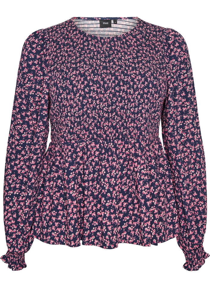 Blouse avec haut smock&eacute; et imprim&eacute; fleuri, Bleu, Packshot image number 0