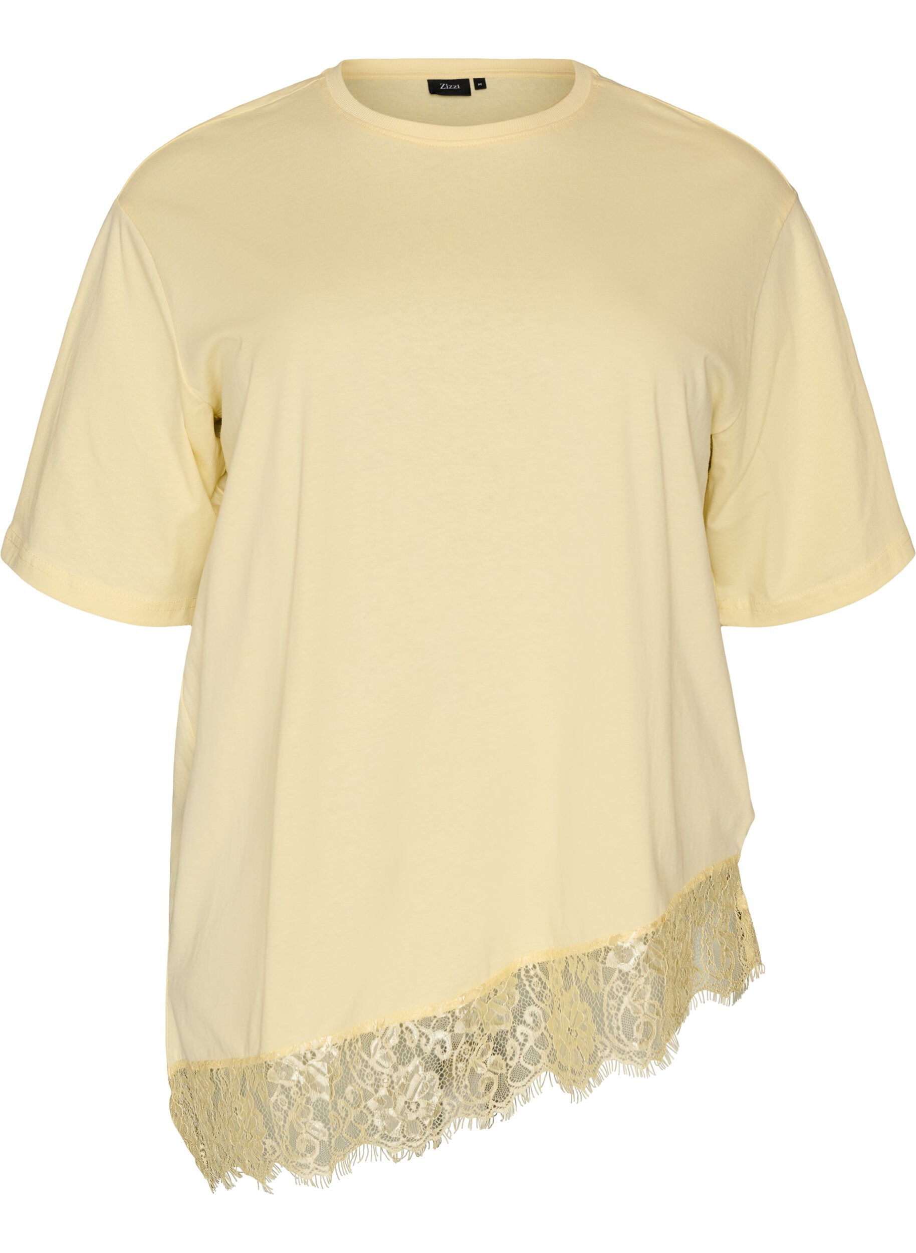 T-shirt avec ourlet asym&eacute;trique en dentelle