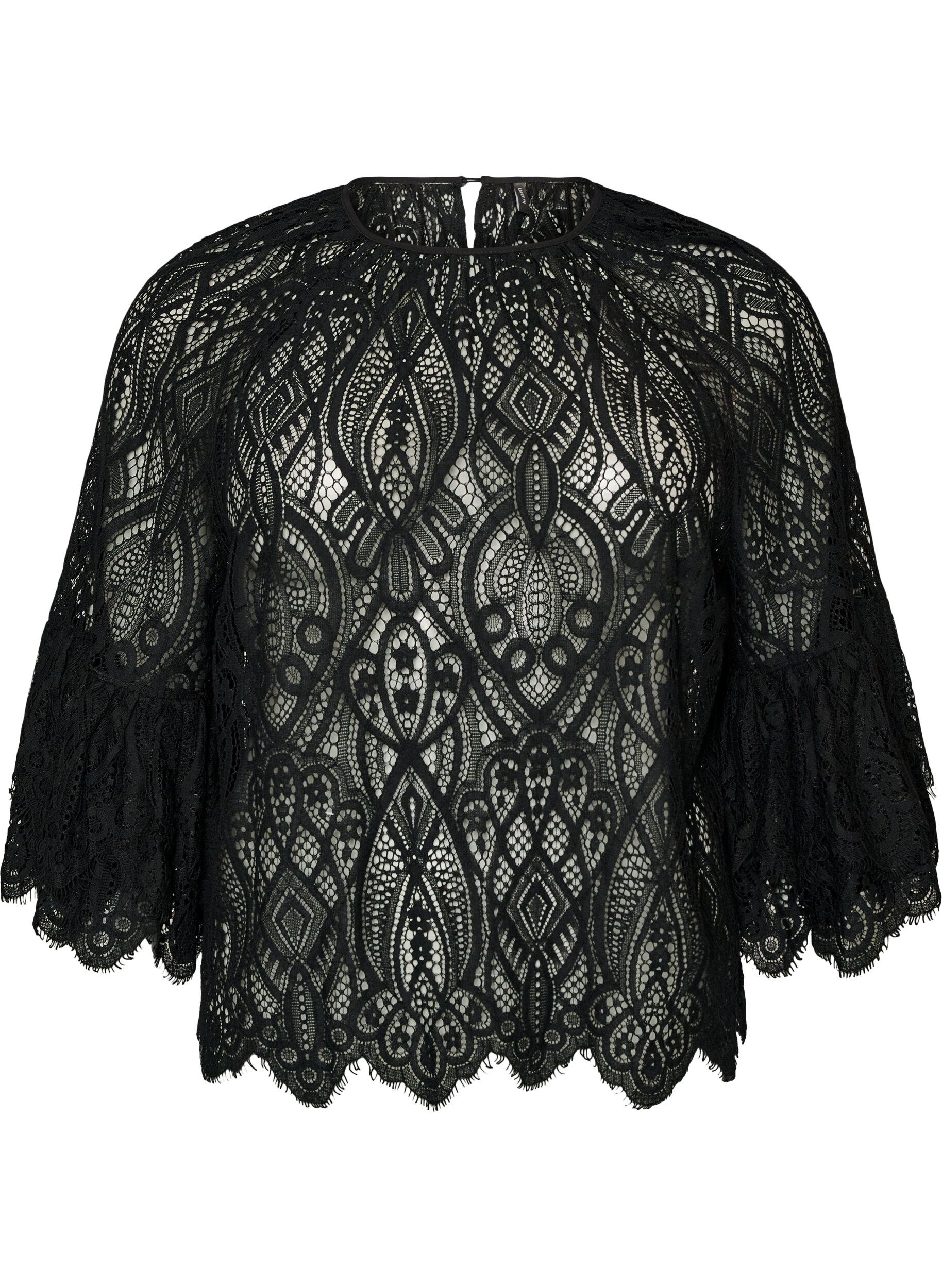 ZizziBlouse en dentelle avec manches longues trompette et volants, Noir, Packshot image number 0