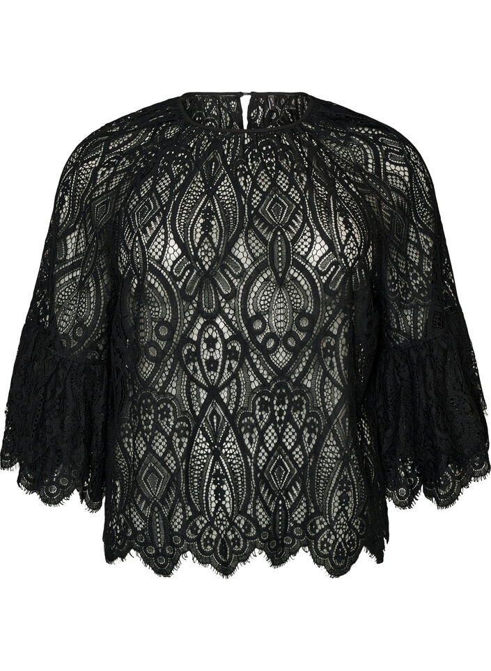 Blouse en dentelle avec manches longues trompette et volants, Noir, Packshot image number 0