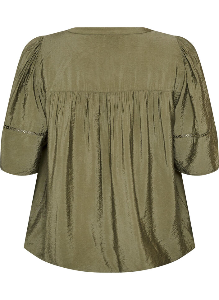 Blouse en viscose avec nervures et effet ballon, Vert Kaki, Packshot image number 1