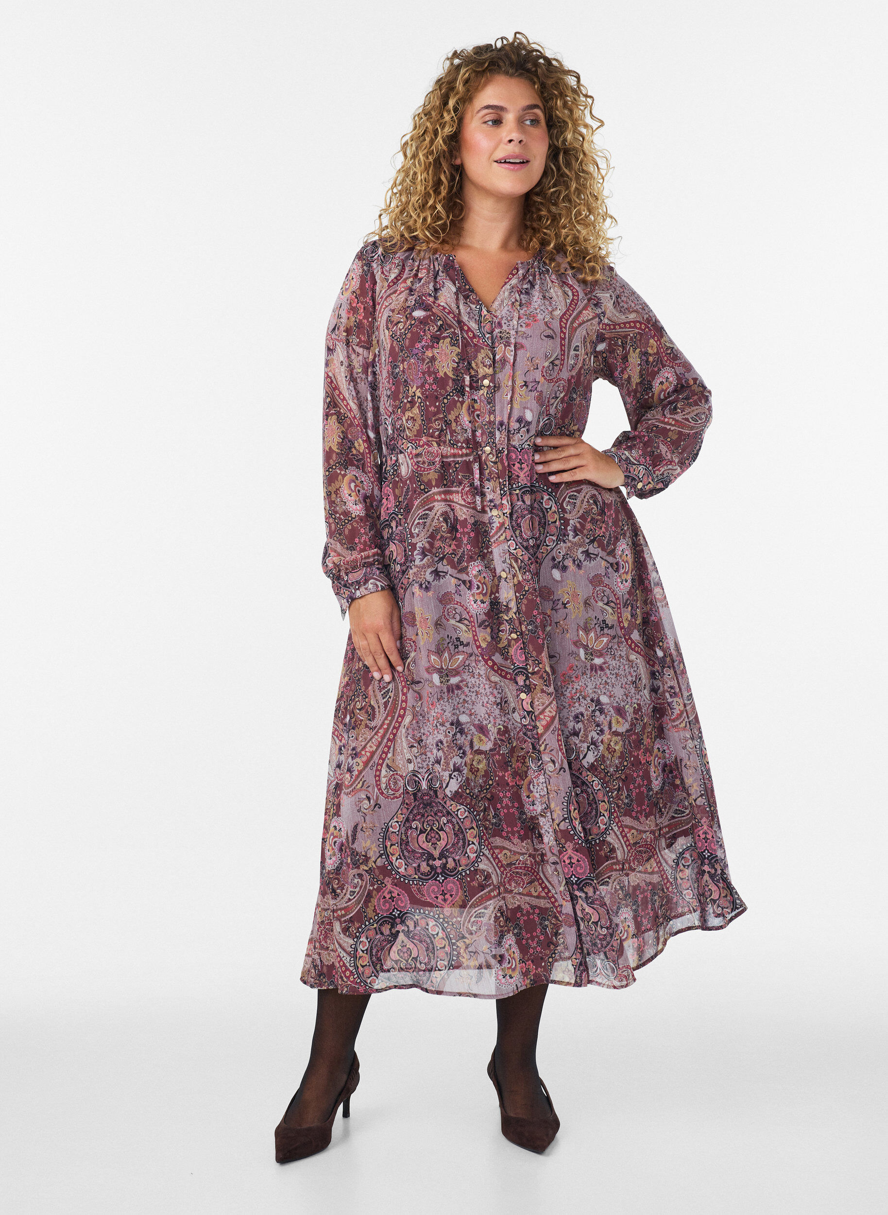Robe midi &agrave; imprim&eacute; cachemire et taille &eacute;lastique, Violet, Model