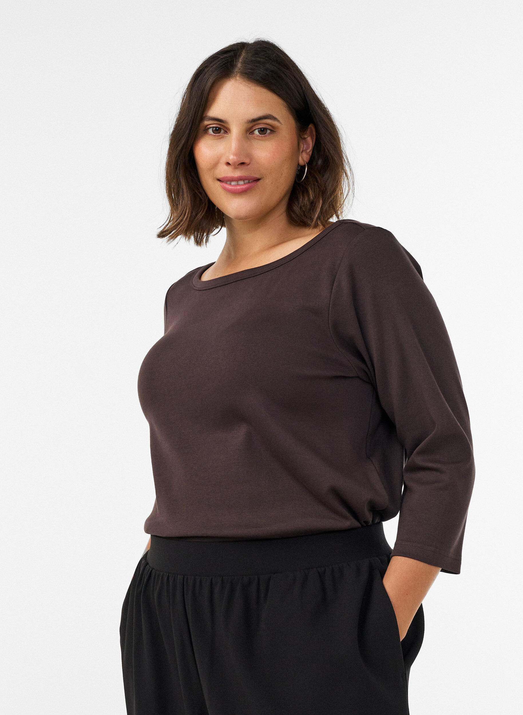 ZizziT-shirt Basic &agrave; encolure bateau et manches 3/4, Marron, Model image number 0