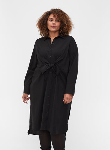 Robe chemise avec détail de lien et fente, Black, Model image number 0