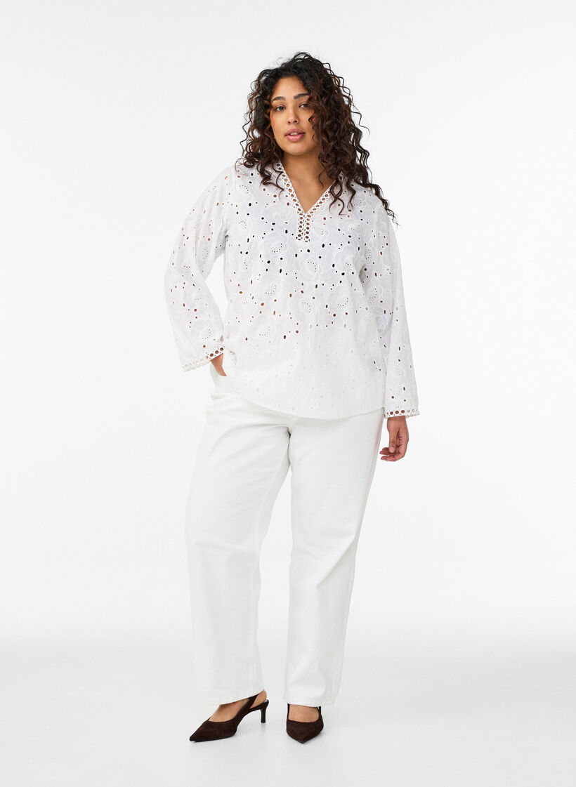 Blouse en coton &agrave; manches longues avec broderie anglaise, Blanc, Model image number 1