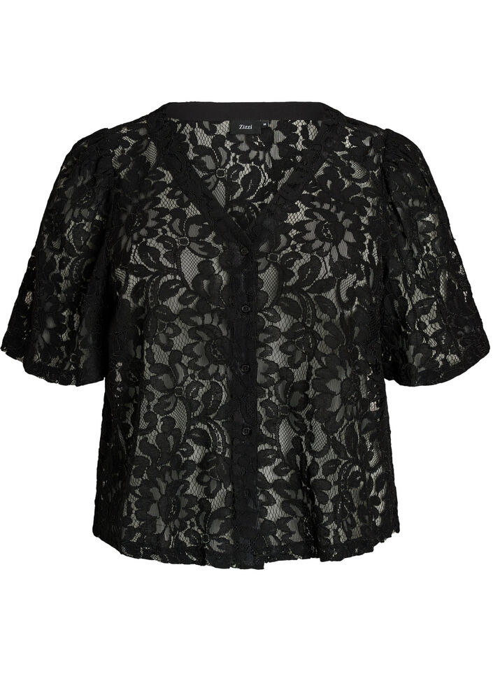 Blouse en dentelle &agrave; manches courtes et col V, Noir, Packshot image number 0