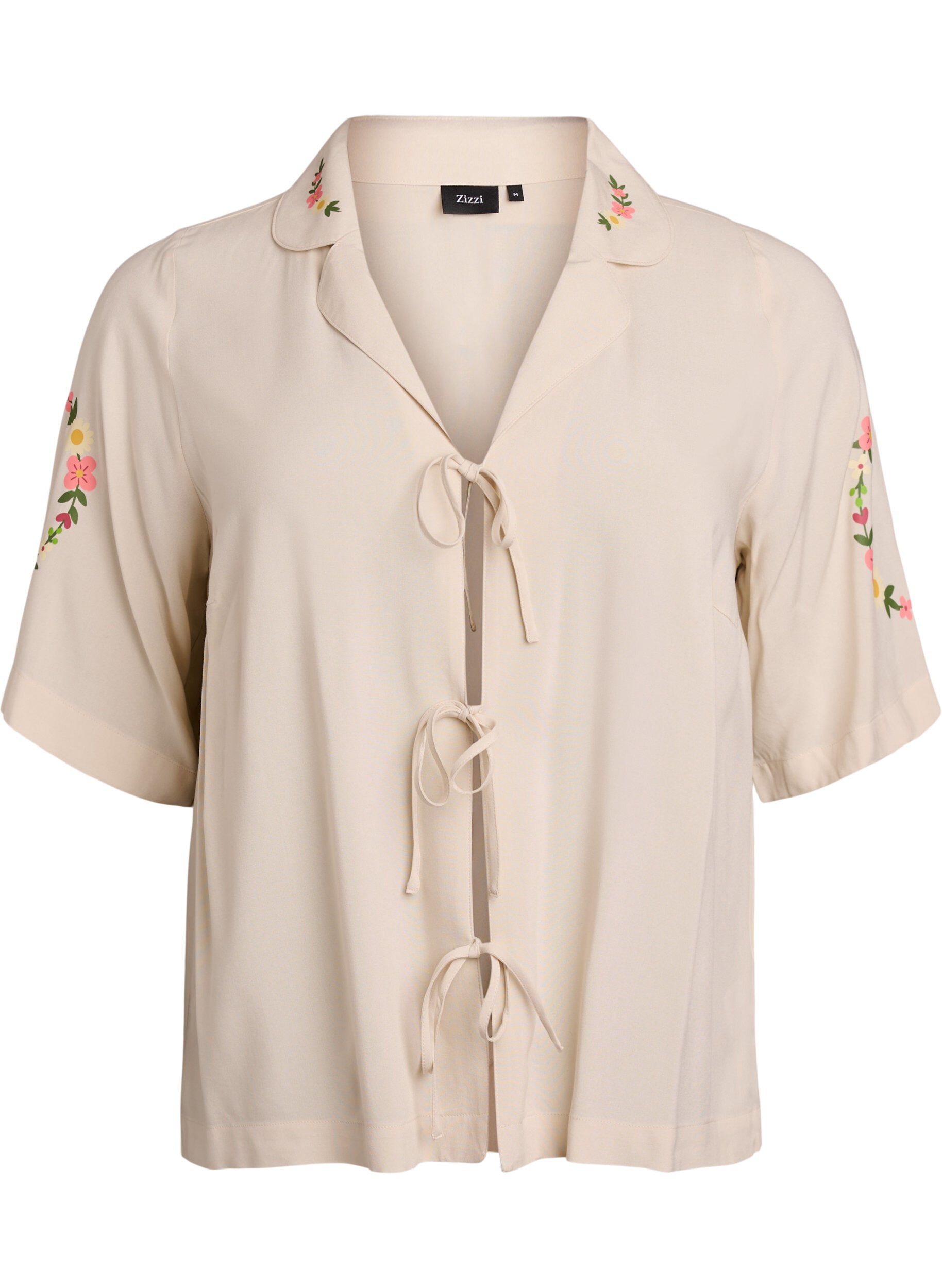 Zizzi Haut de pyjama en viscose avec lien &agrave; nouer et imprim&eacute; fleuri, Beige, Packshot image number 0