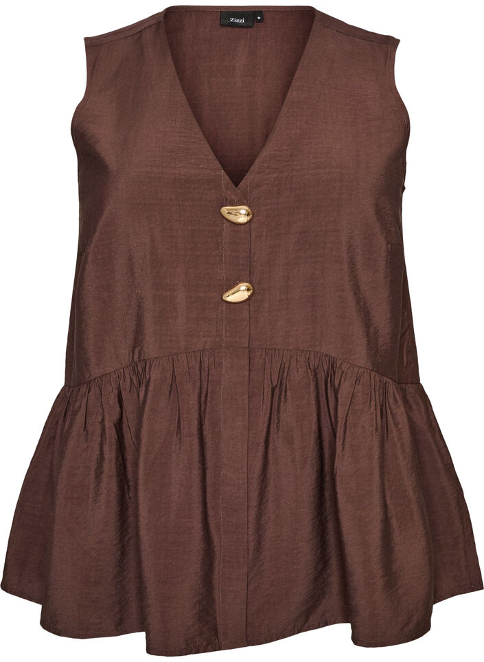Blouse p&eacute;plum sans manches avec boutons d&eacute;coratifs, Marron, Packshot image number 0