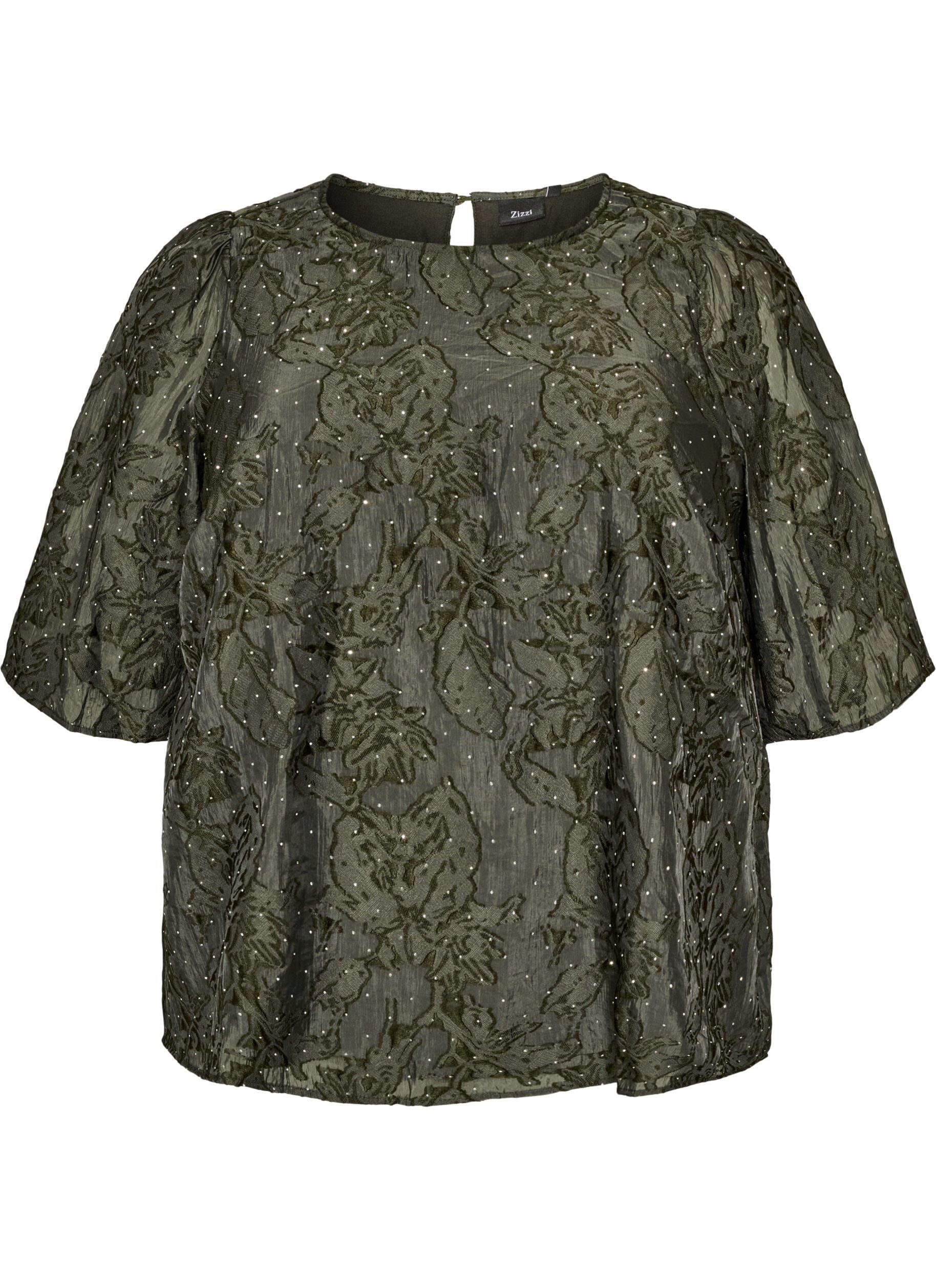 ZizziBlouse jacquard avec d&eacute;tails scintillants et manches bouffantes, Vert fonc&eacute;, Packshot image number 0