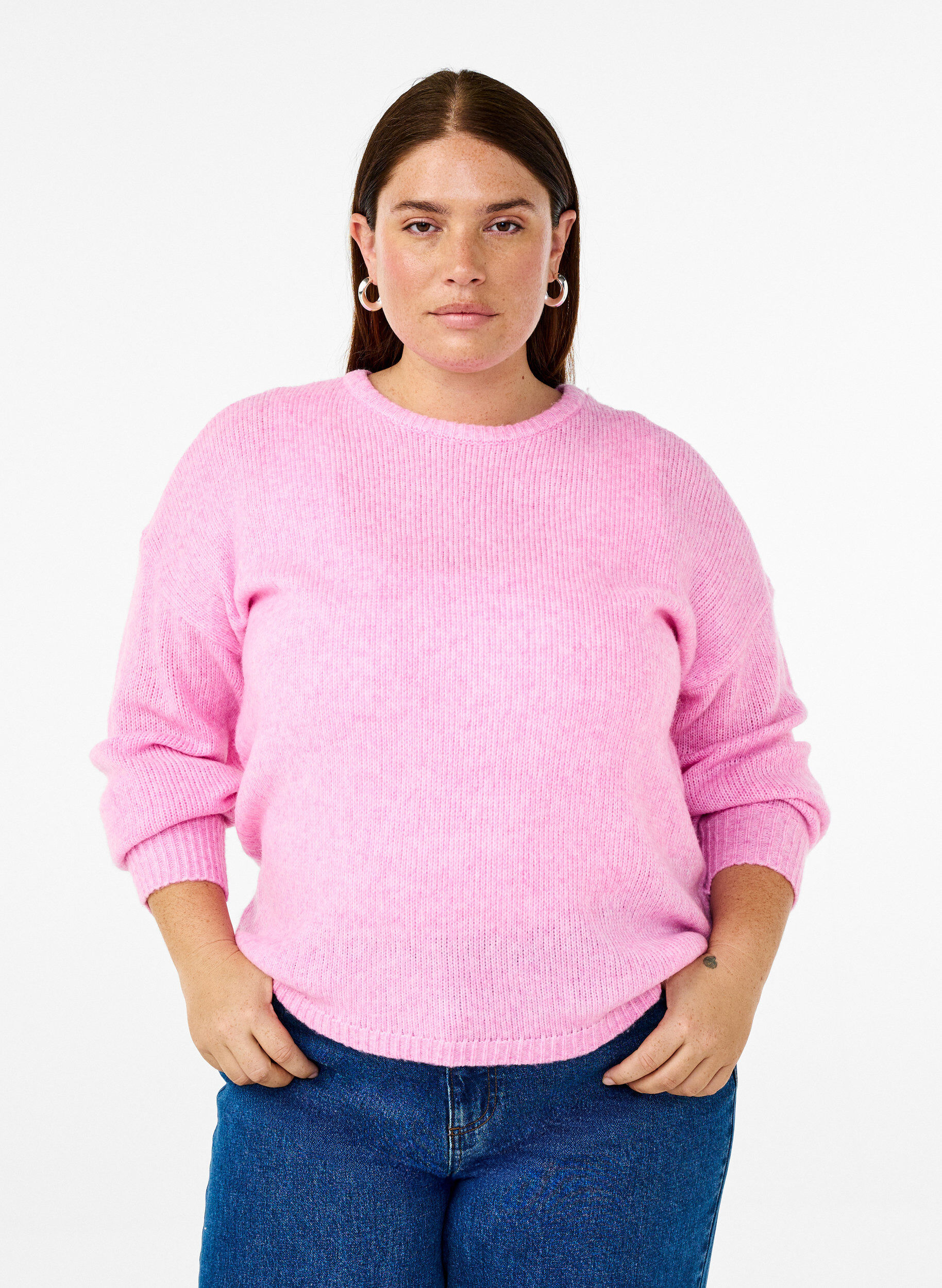 Zizzi Pull en maille &agrave; manches longues, contenant de la laine et &agrave; col rond, Begonia Pink Mel., Model image number 0
