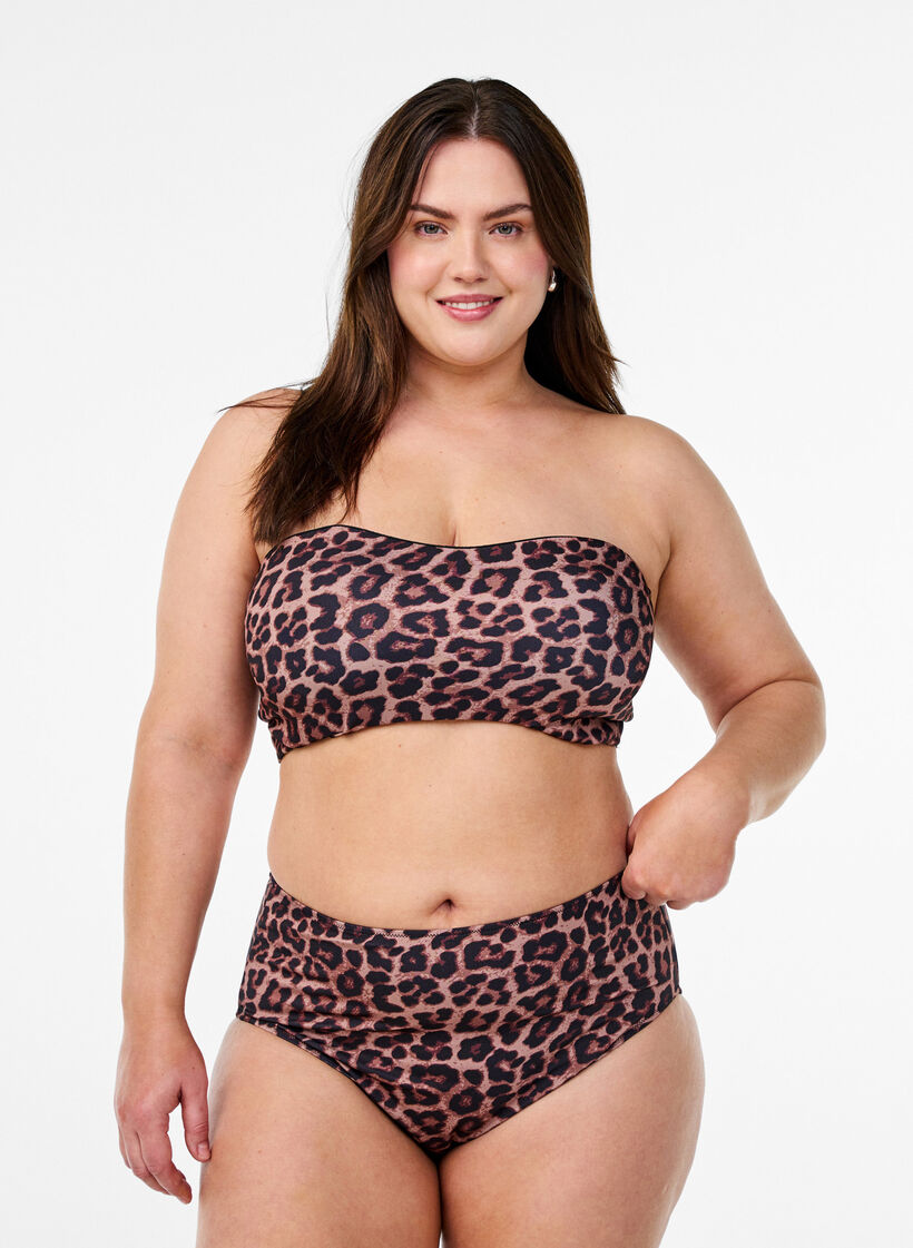 Culotte de bikini taille haute imprim&eacute; l&eacute;opard, Marron, Model image number 0