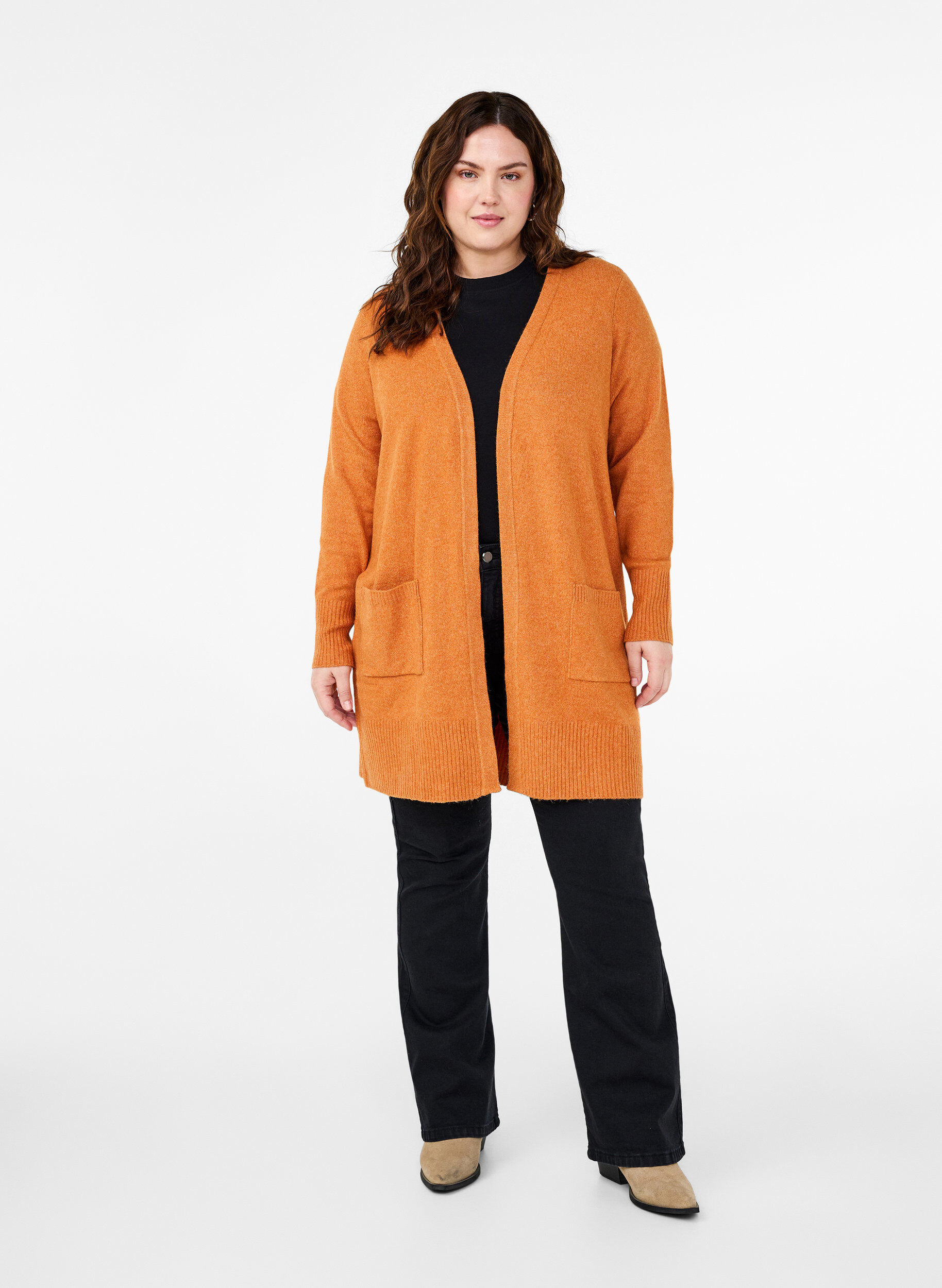 Zizzi Cardigan en tricot c&ocirc;tel&eacute; avec poches, Orange fonc&eacute;, Model image number 1