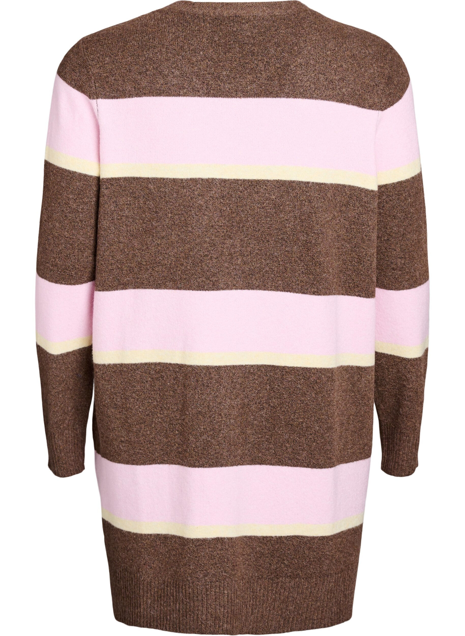 Zizzi Cardigan long en tricot avec rayures larges, Marron, Packshot image number 1