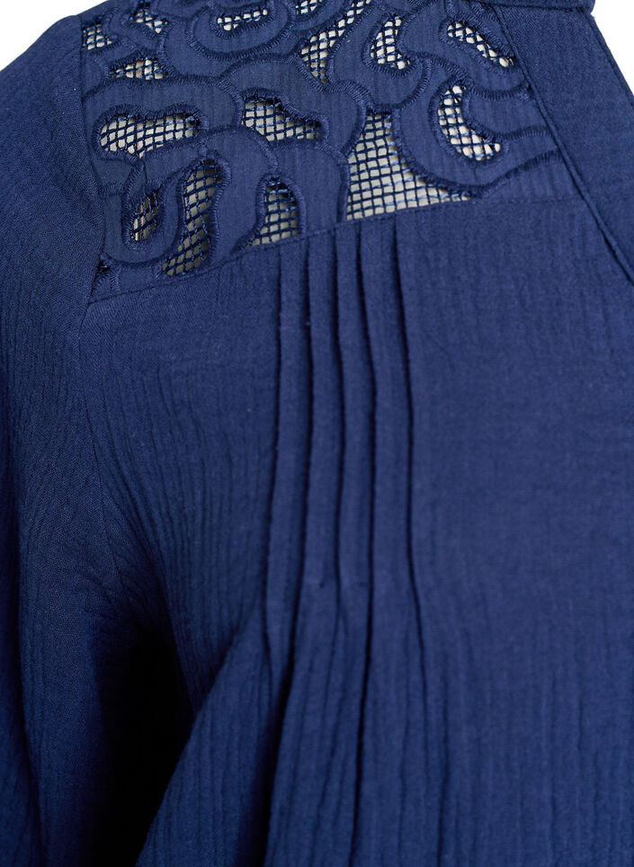Blouse en mousseline de coton avec d&eacute;tails brod&eacute;s, Bleu, Packshot image number 3