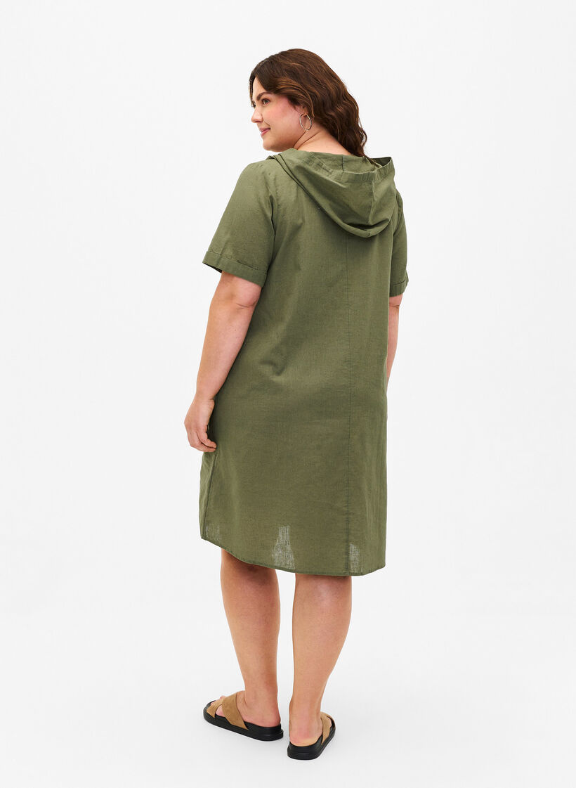 Robe à capuche en coton mélangé et lin, Deep Lichen Green, Model image number 1