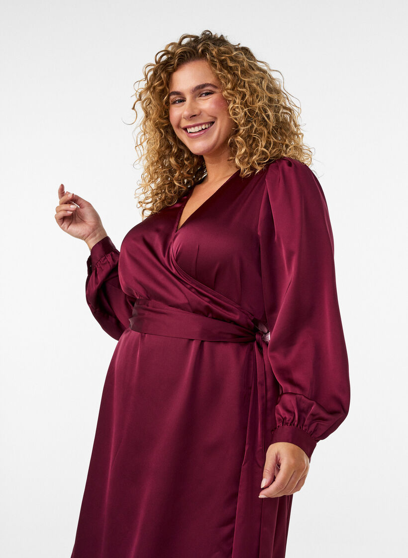 Robe courte en satin avec coupe portefeuille, Bordeaux, Model image number 2