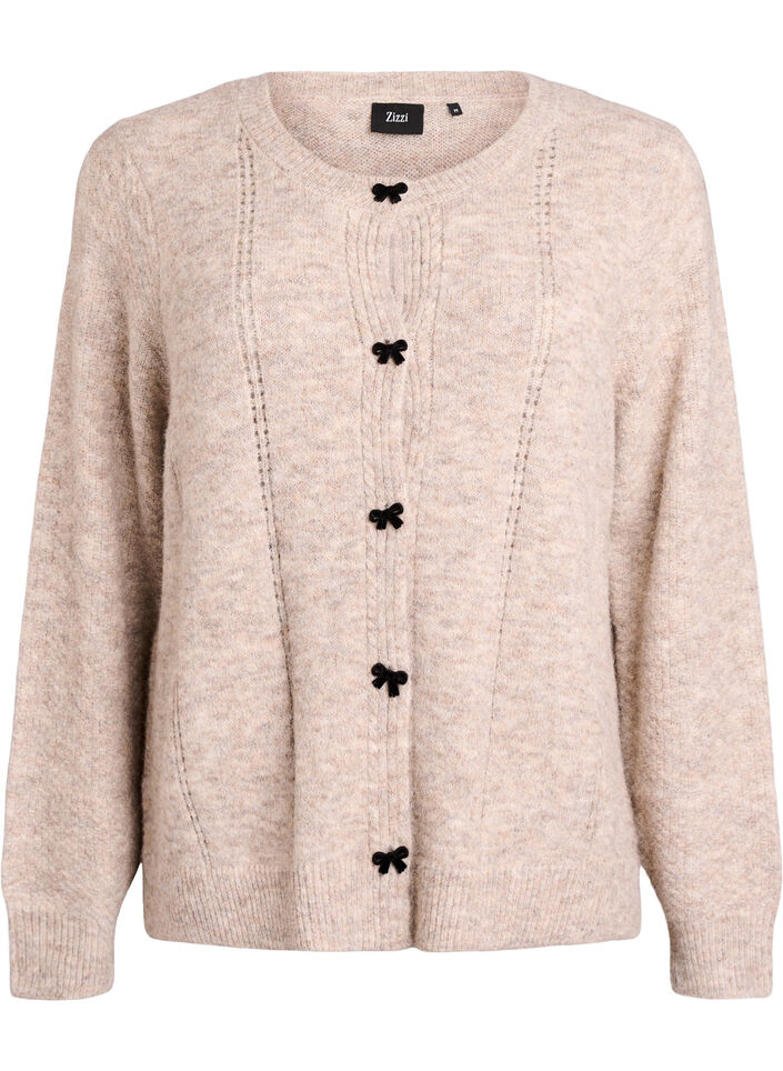 Cardigan avec boutons en forme de n&oelig;ud et motif ajour&eacute;, Beige, Packshot image number 0