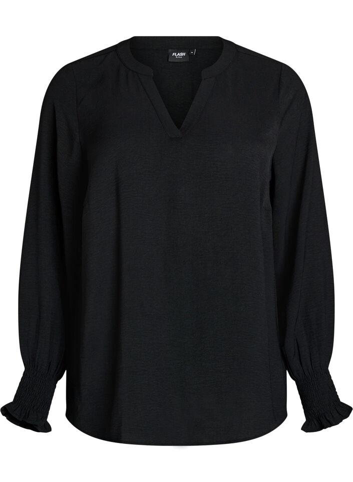 Blouse avec poignets smock&eacute;s et col en V, Noir, Packshot image number 0