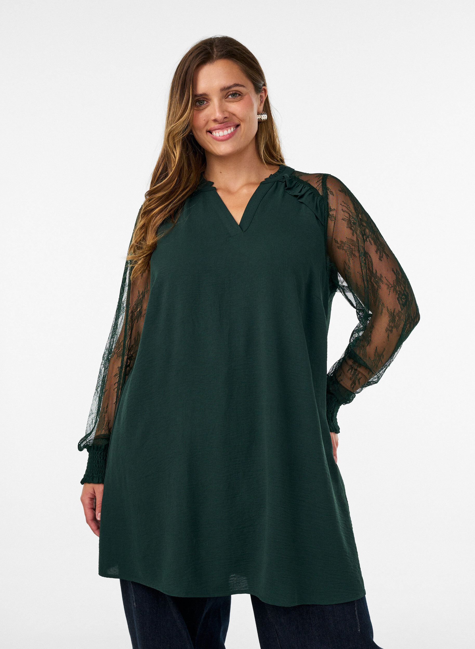 ZizziTunique avec manches en dentelle transparente, Vert fonc&eacute;, Model image number 0