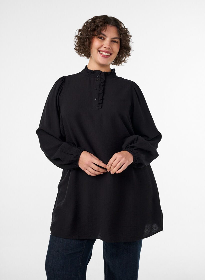 Tunique en viscose avec volants et boutons, Noir, Model image number 0