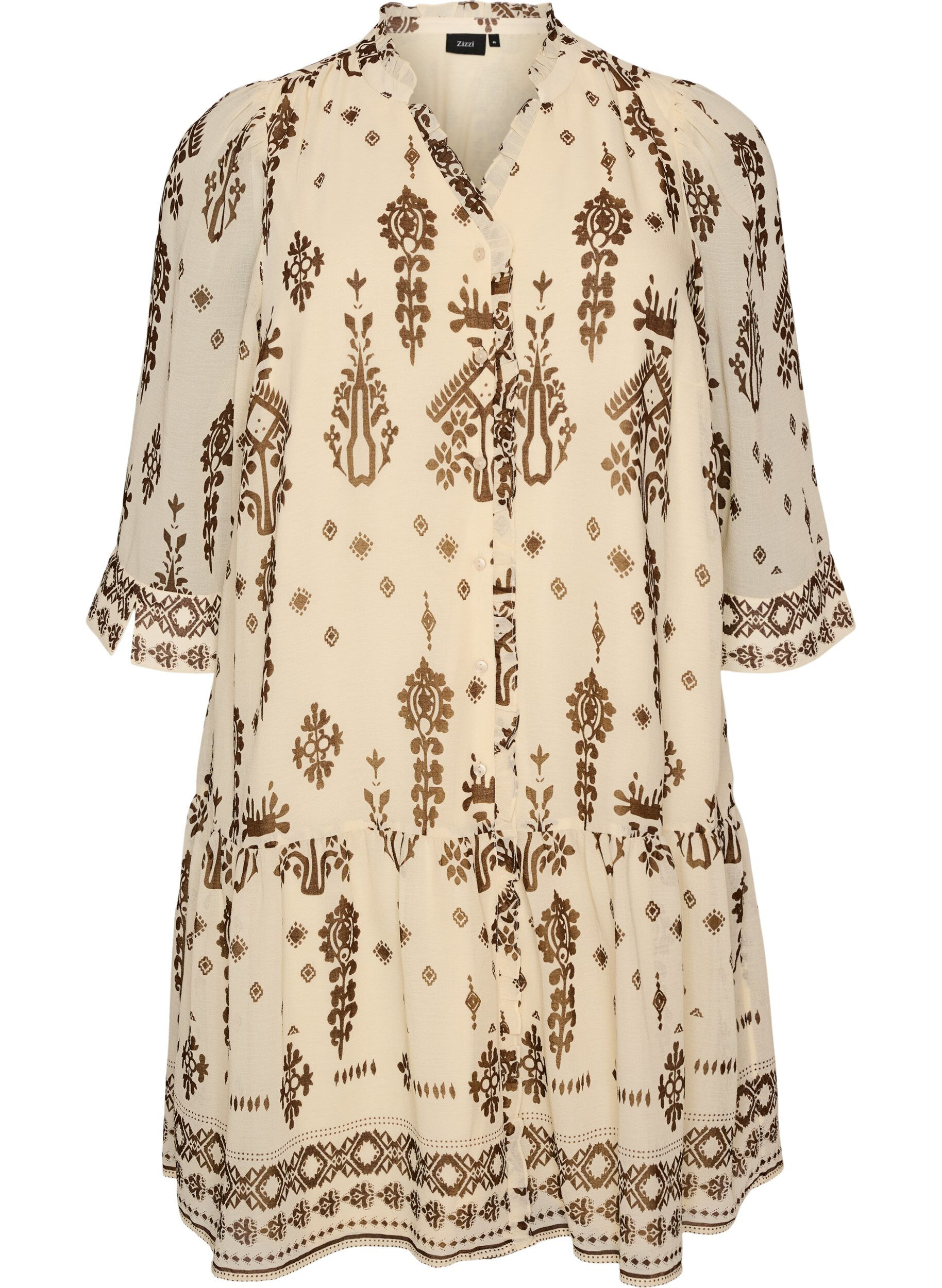 Robe avec imprim&eacute; ornemental et col &agrave; volants