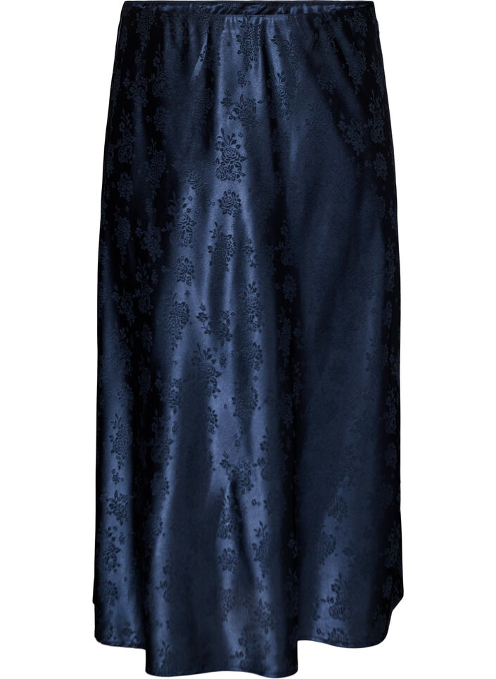 Jupe en satin avec un motif floral ton sur ton, Bleu, Packshot image number 0