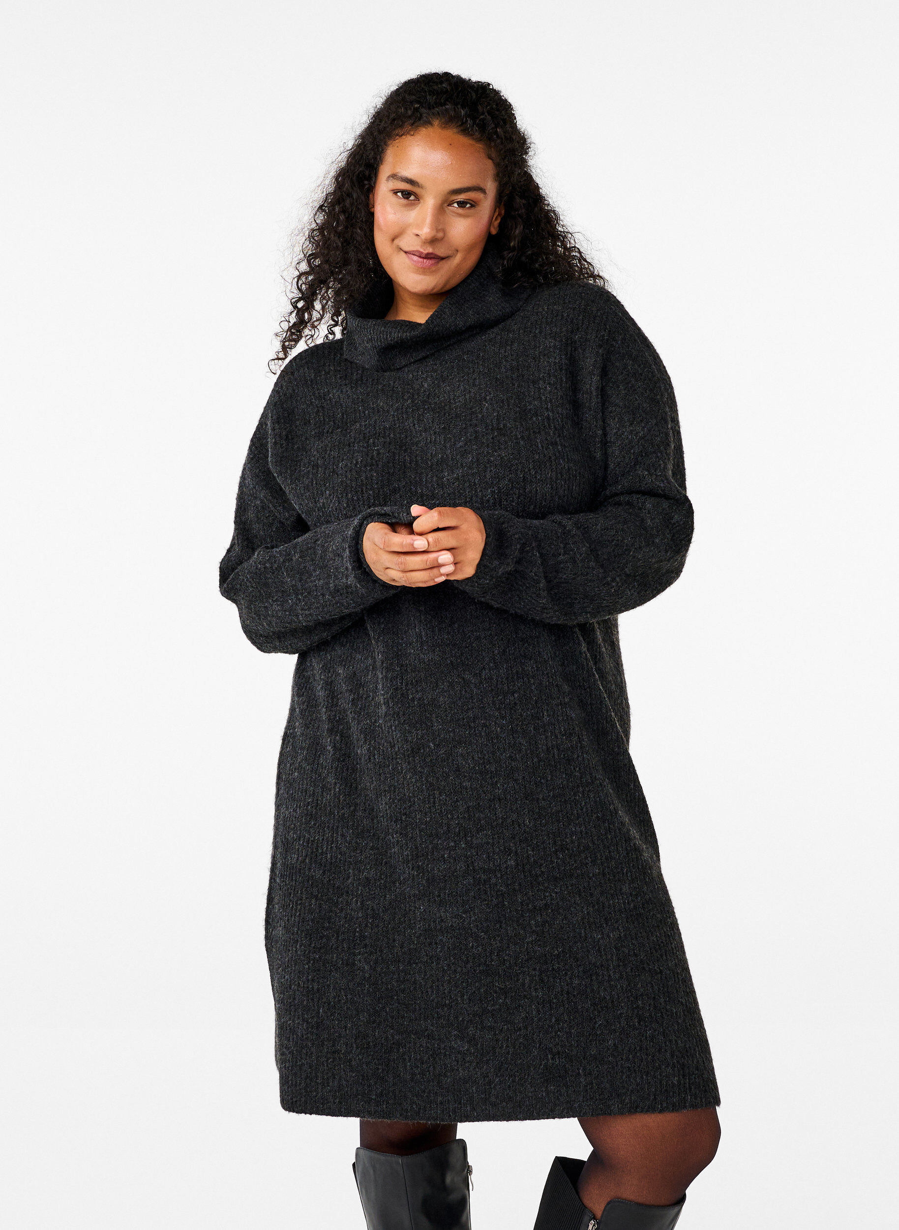 Robe en tricot et &agrave; col roul&eacute;, Gris anthracite, Model