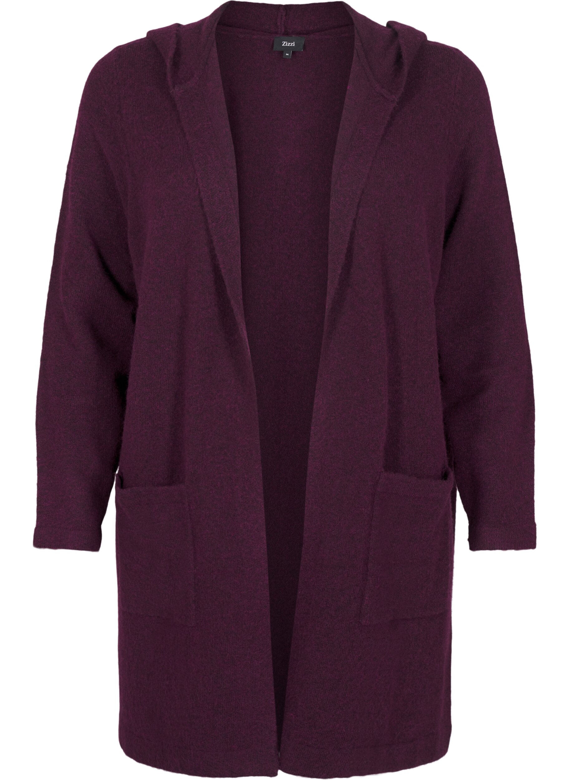Zizzi Cardigan long tricot&eacute; contenant de la laine et capuche, Potent Purple Mel., Packshot image number 0