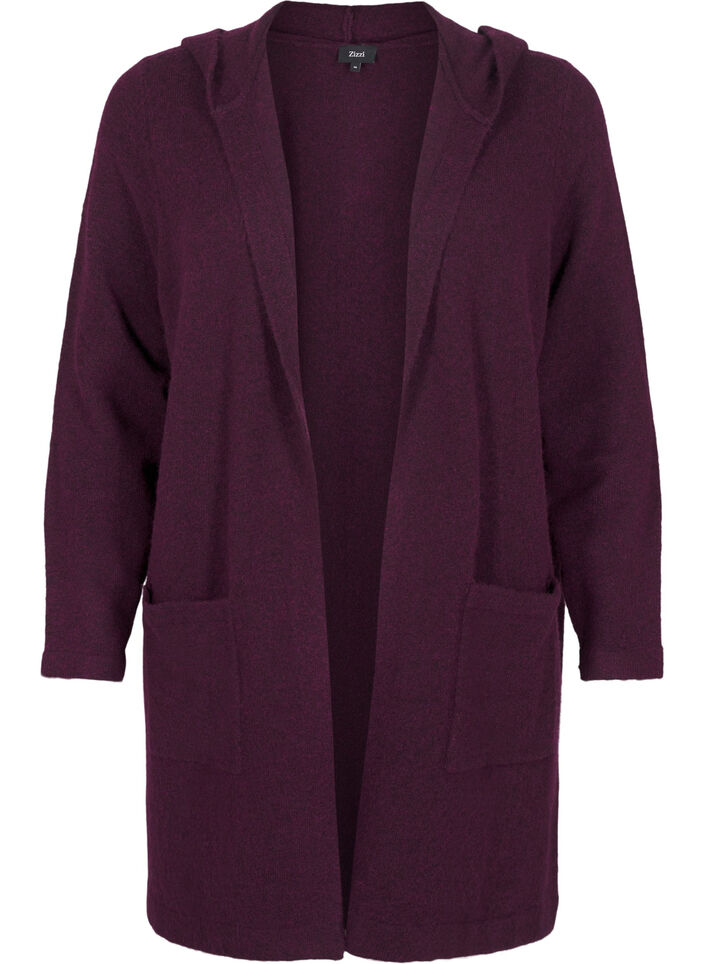 Cardigan long tricoté contenant de la laine et capuche, Potent Purple Mel., Packshot image number 0