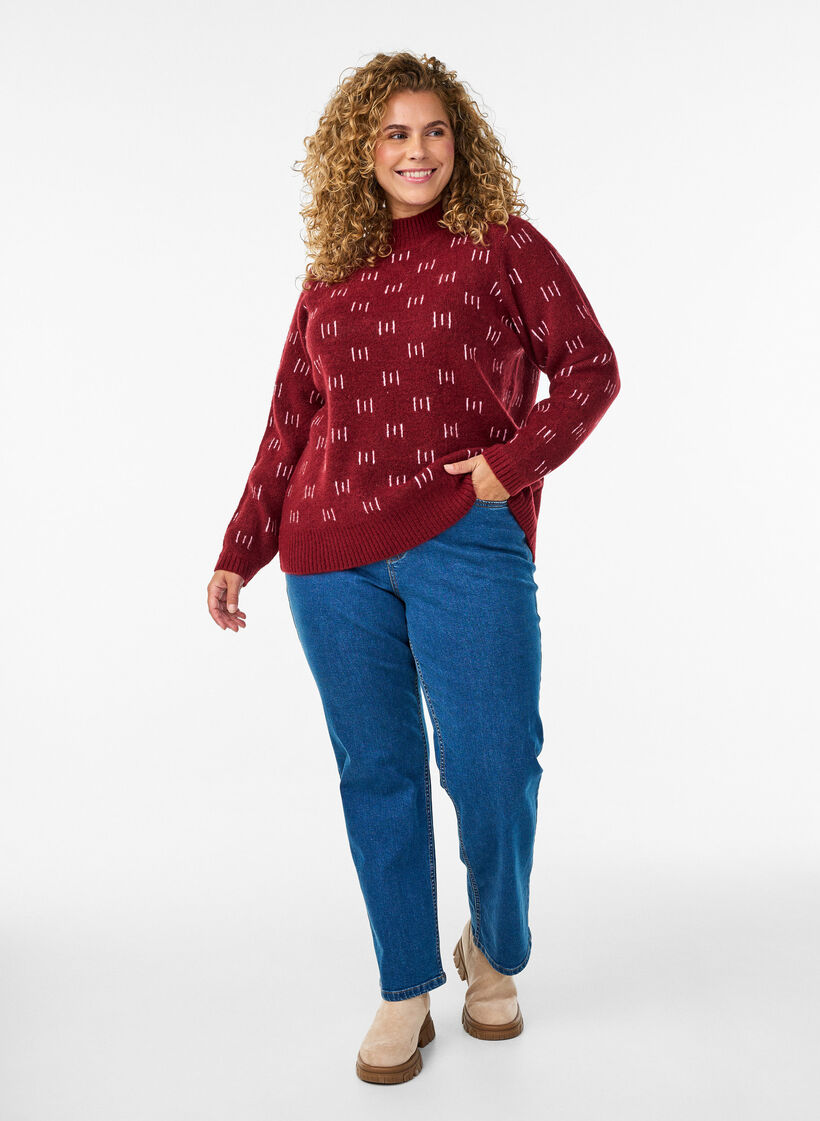 Haut en maille à motifs à col montant, Bordeaux foncé, Model image number 1