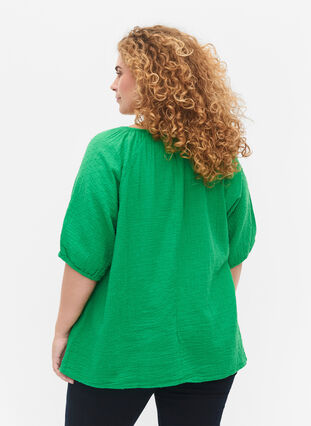 Blouse en coton à manches mi-longues, Bright Green, Model image number 1