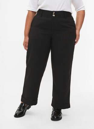 Pantalon taille haute avec pliage, Black, Model image number 2