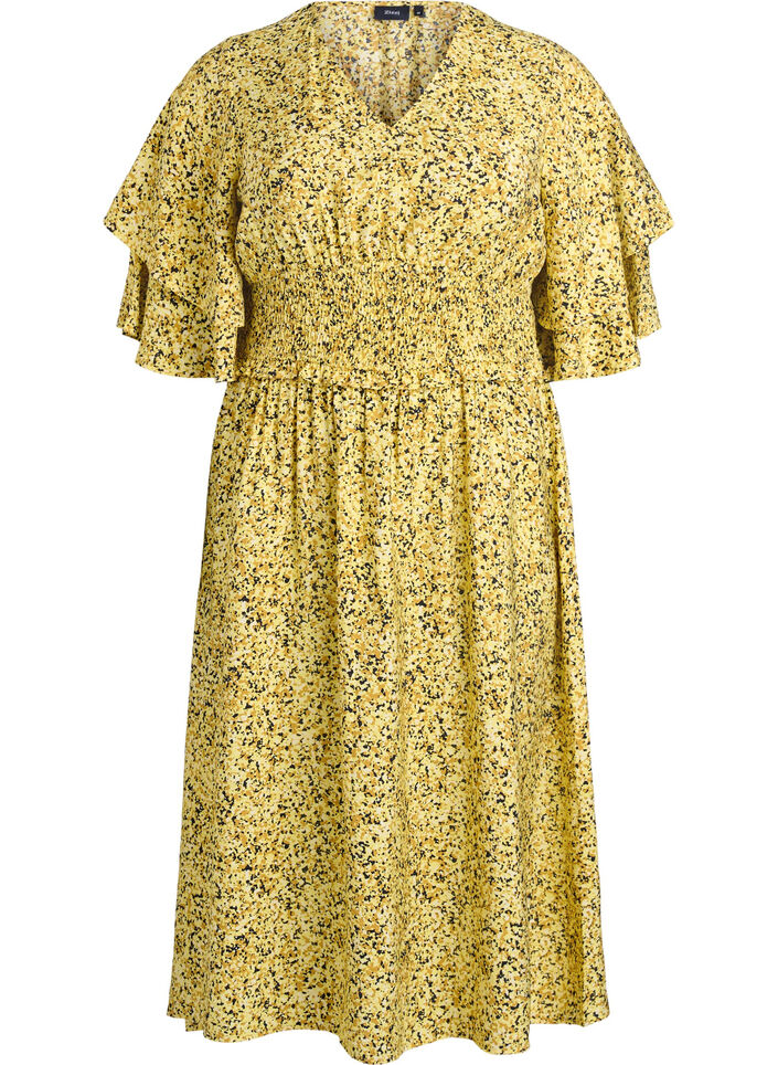 Robe midi smock&eacute;e avec manches &agrave; volants, Jaune, Packshot image number 0