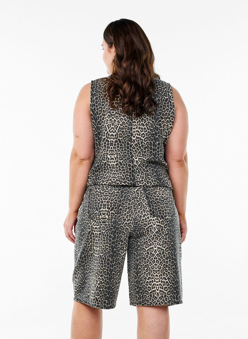 Bermuda en jean avec imprim&eacute; l&eacute;opard, Marron, Model image number 1