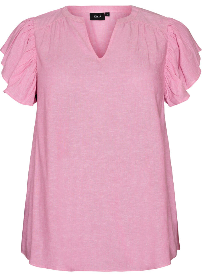 Blouse en viscose et lin avec manches &agrave; volants, Rose, Packshot image number 0