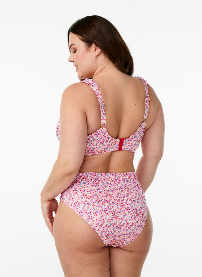 Bas de bikini tai à imprimé floral avec bord froncé, Rose, Model image number 1