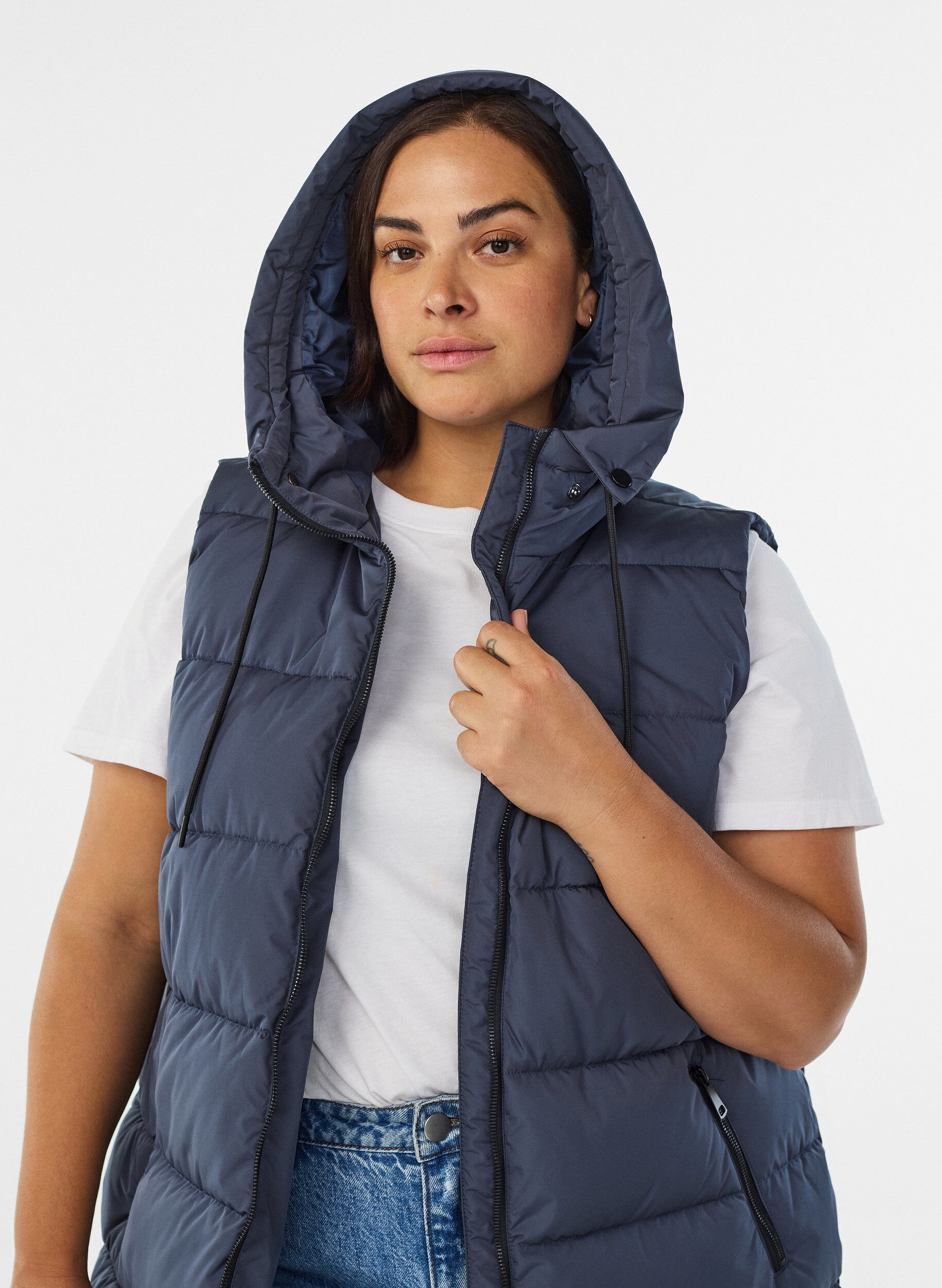 Zizzi Veste longue avec capuche et poches, Bleu, Model image number 3