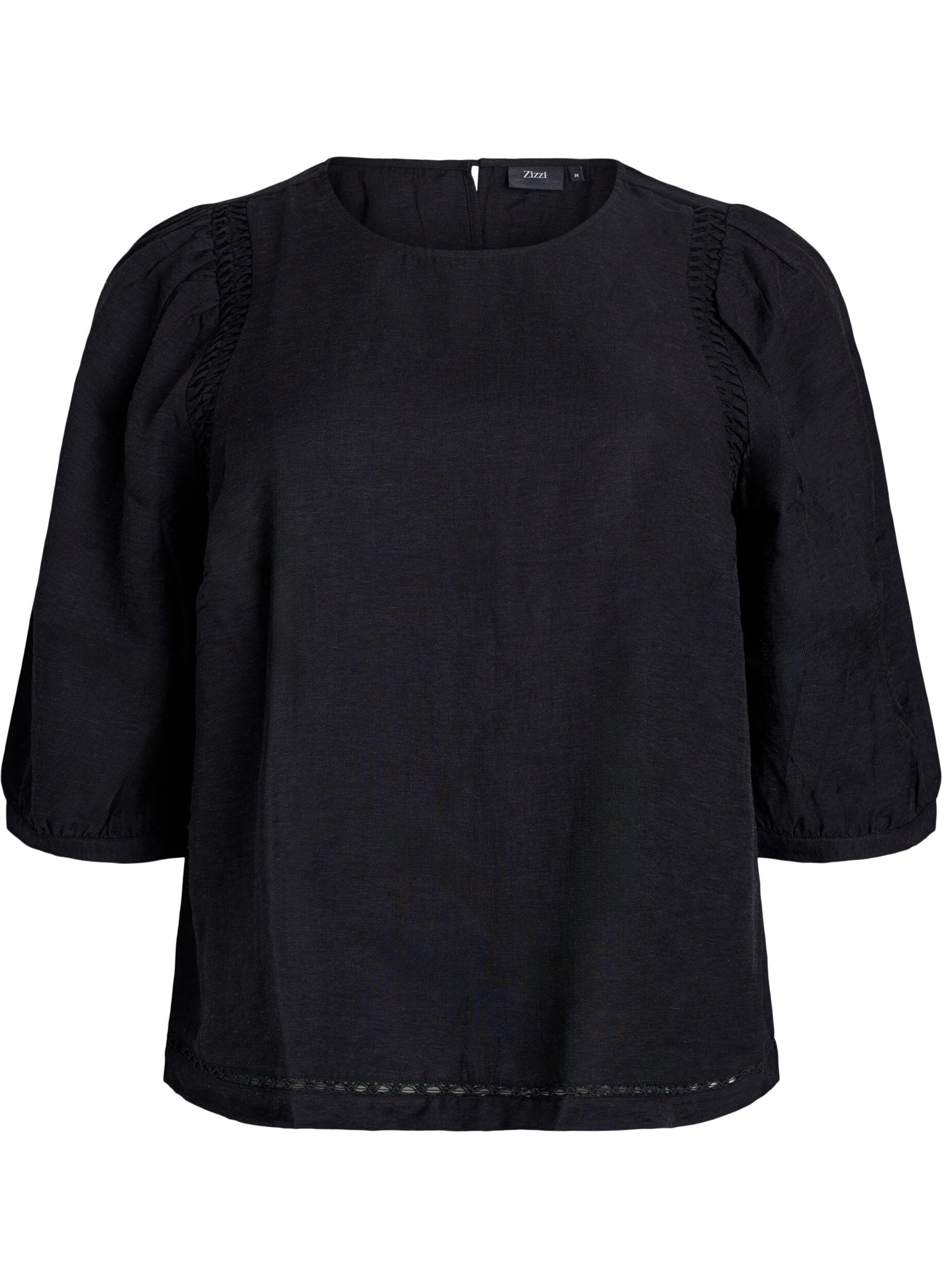 Zizzi Blouse en m&eacute;lange de viscose avec du lin et &eacute;paules fronc&eacute;es, Noir, Packshot image number 0