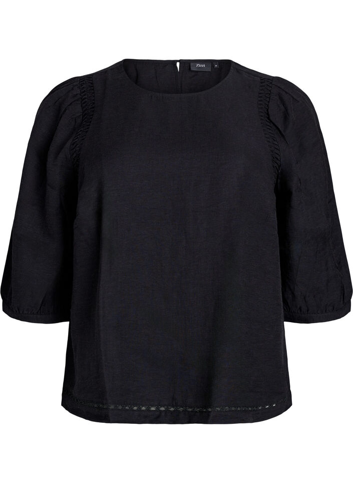 Blouse en mélange de viscose avec du lin et épaules froncées, Noir, Packshot image number 0