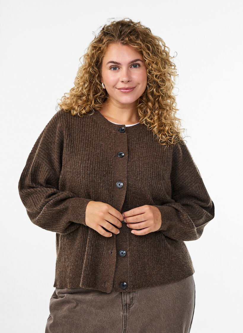 Cardigan en tricot côtelé avec boutons, Marron, Model image number 0