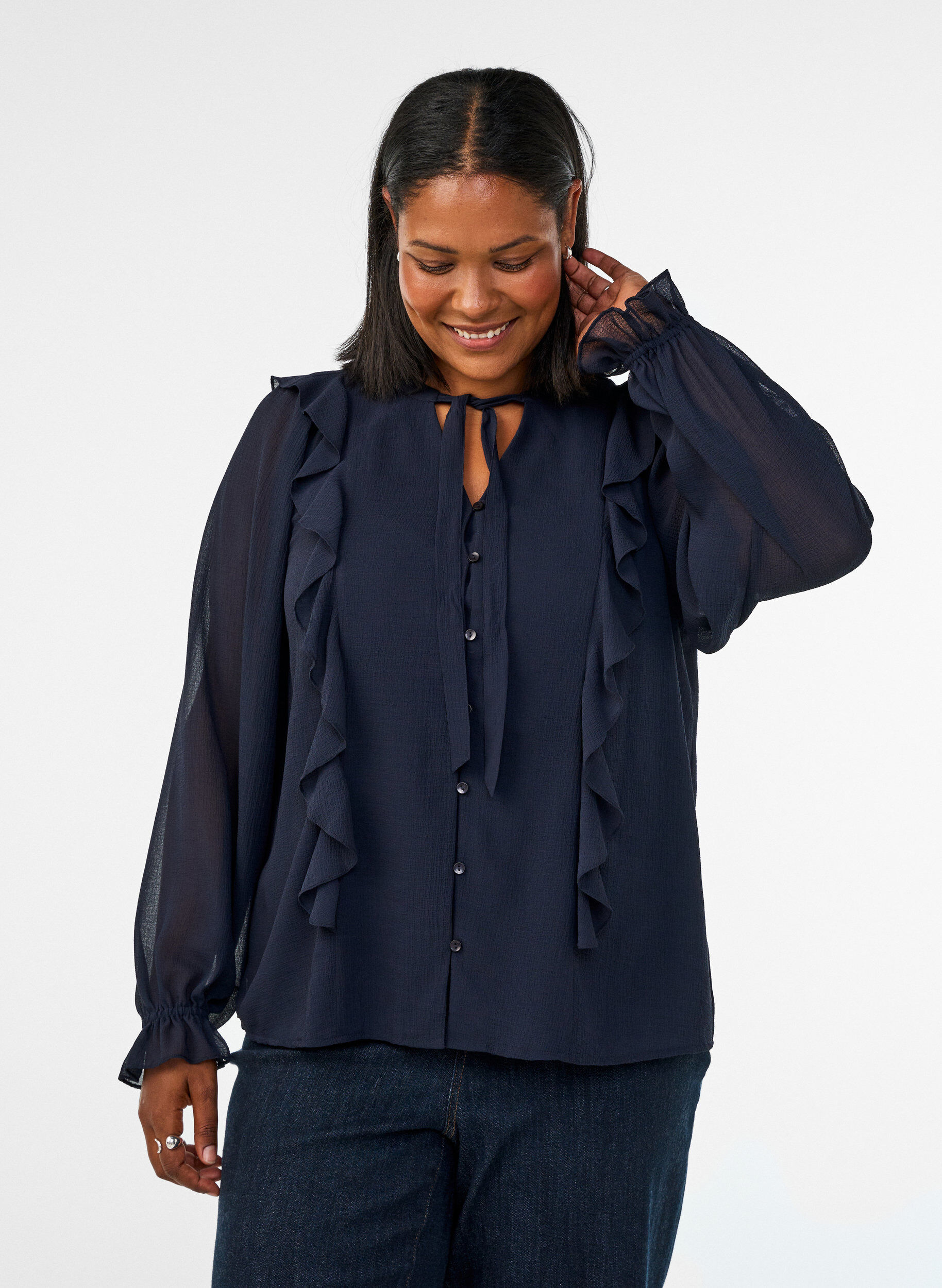 ZizziBlouse transparente avec volants et liens &agrave; nouer, Bleu, Model image number 0