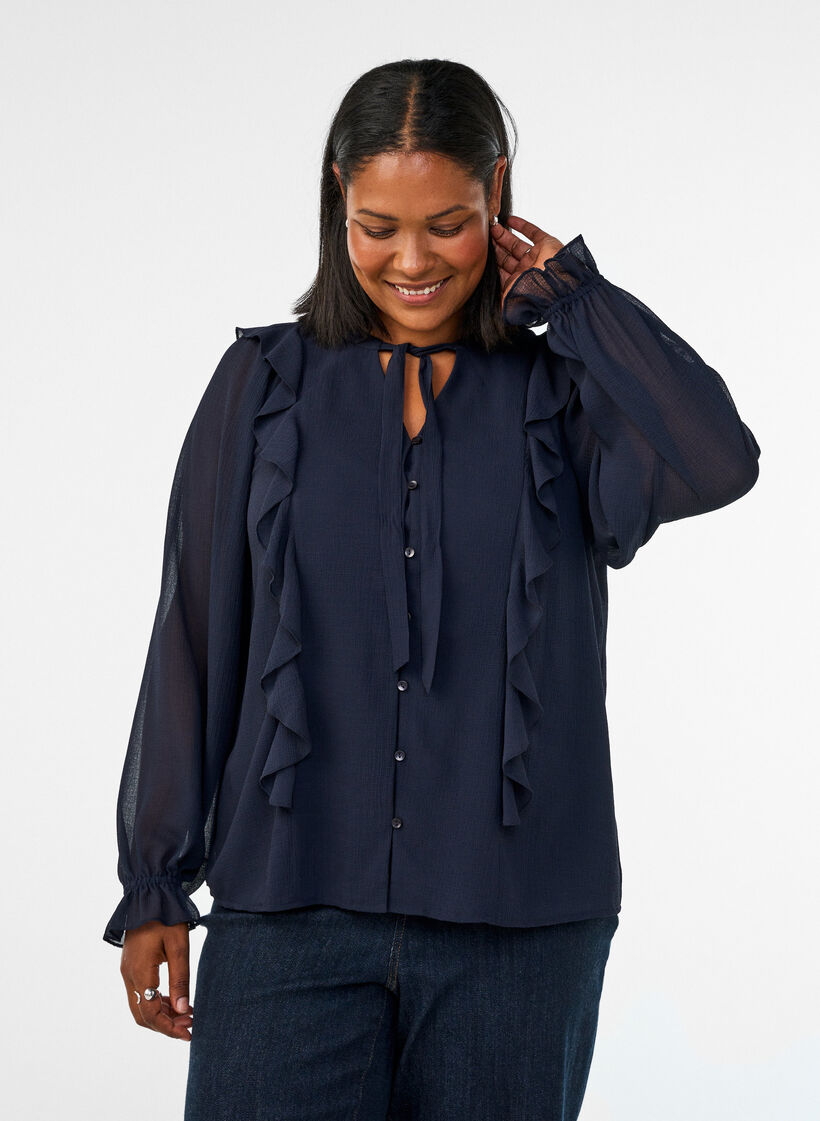 Blouse transparente avec volants et liens &agrave; nouer, Bleu, Model image number 0