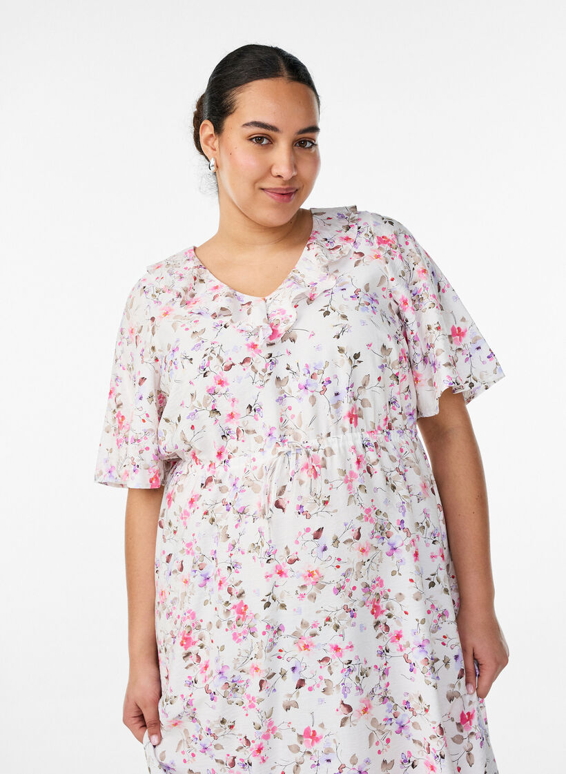 Robe midi en viscose avec imprim&eacute; fleuri et col &agrave; volants, Vanille, Model image number 2