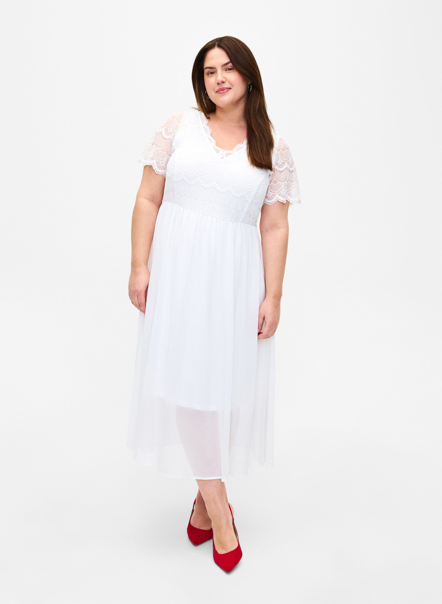 Zizzi Robe de soir&eacute;e avec dentelle et une taille empire, Bright White, Model image number 0